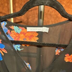 MINKPINK Black Floral V-Neck Dress with Orange and Blue Blooms